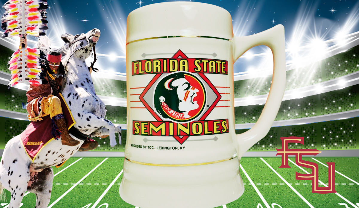 Vintage Florida State Beer Stein in football stadium with Osceola riding Renegade