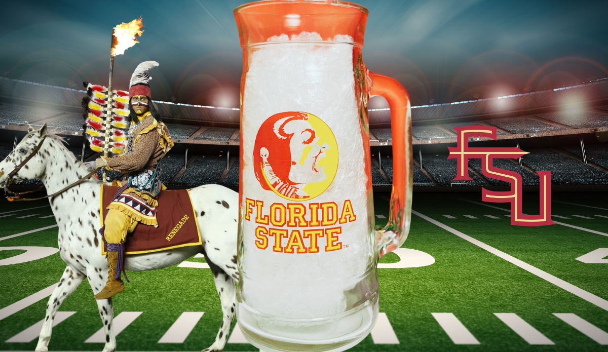 Vintage Florida State Glass Mug in football stadium scene with Osceola riding Renegade