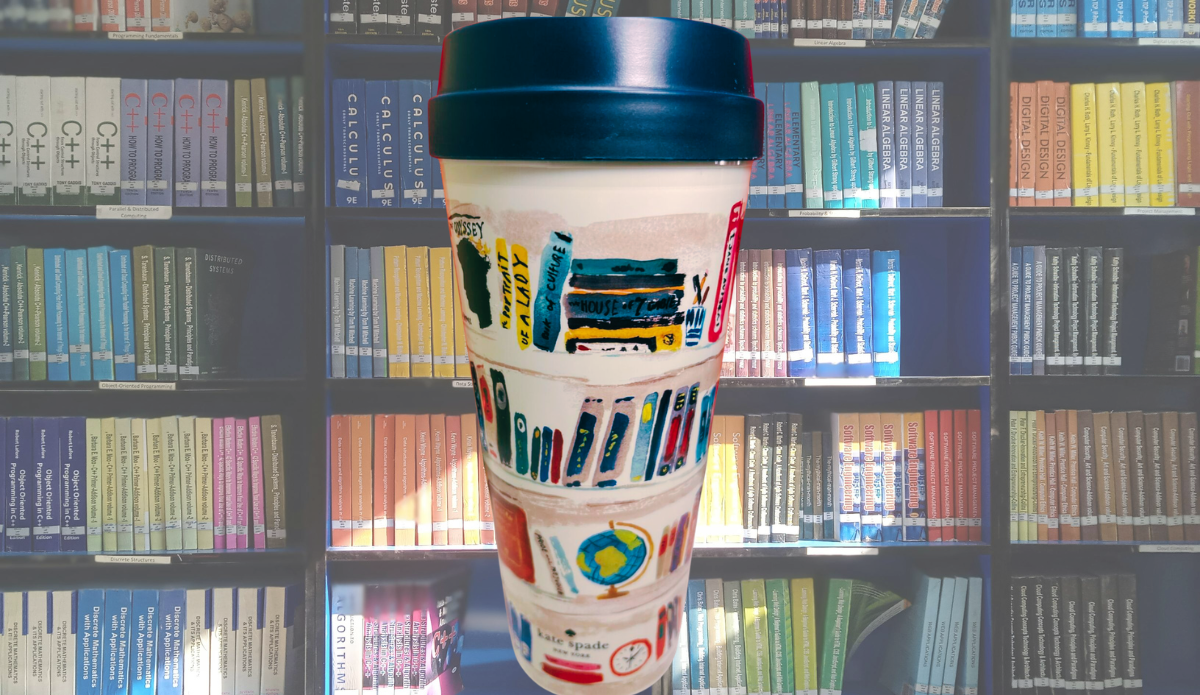 Kate Spade library books travel tumbler styled on shelf with books aesthetic setup