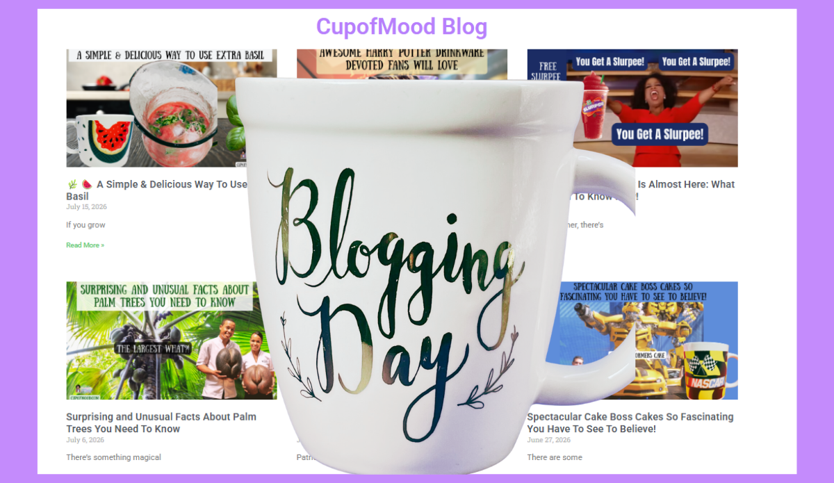 Natural Life Blogging Day mug displayed in front of the CupofMood Blog page