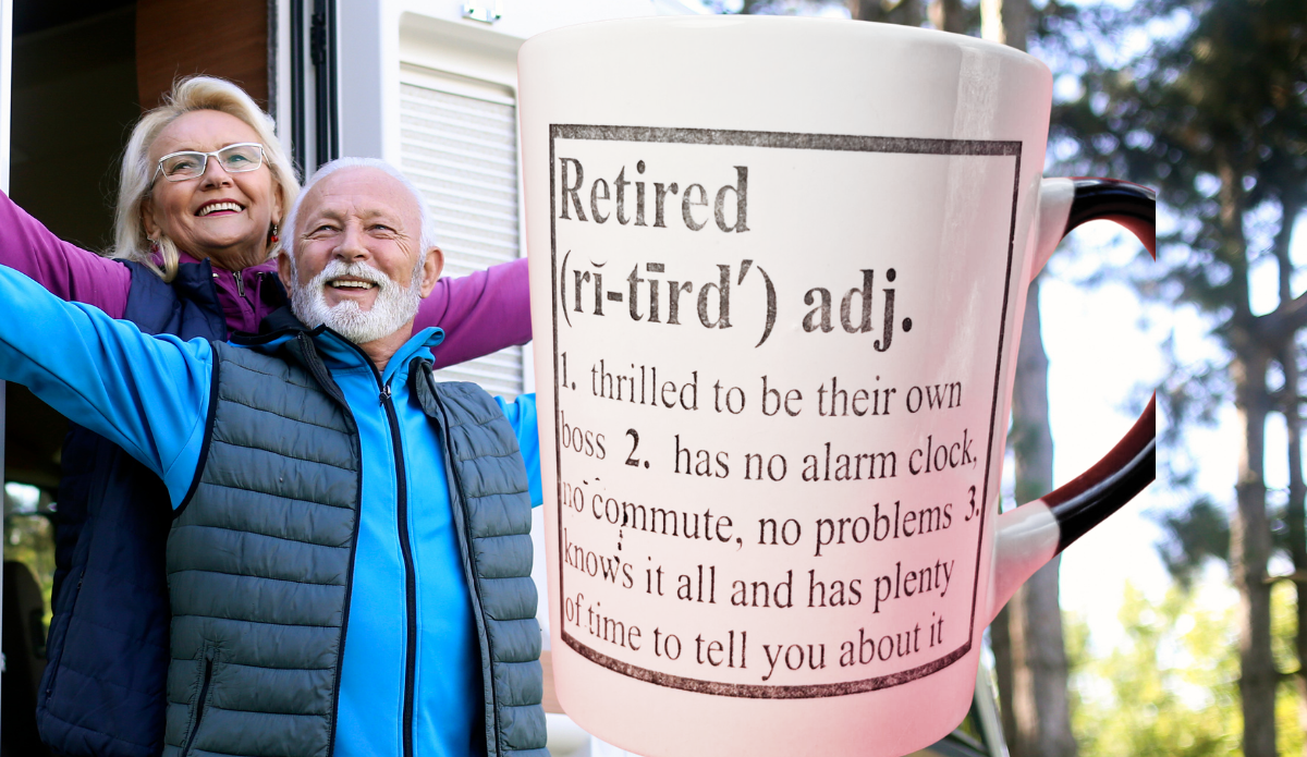 Retired Definition Funny Mug displayed with smiling retired couple outdoors