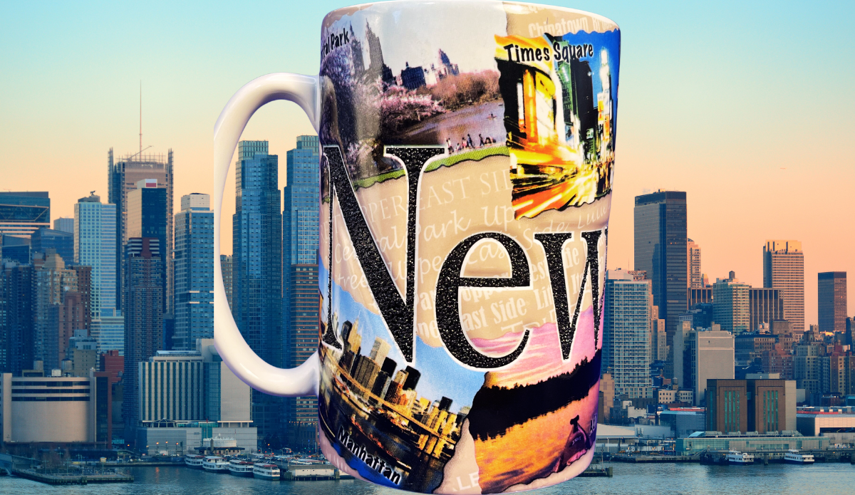 Americaware 2007 New York State 3D Souvenir Mug displayed against a New York City sunset skyline