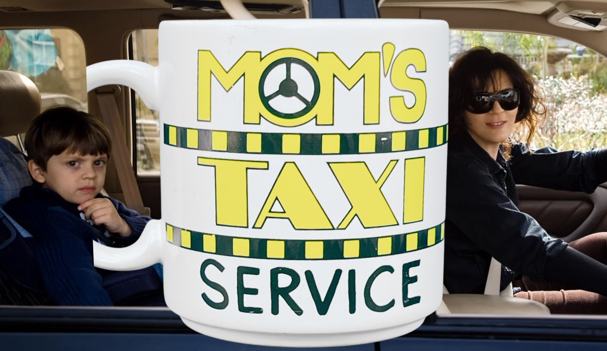 Mom’s Taxi Service mug styled with mom driving kids representing busy mom life