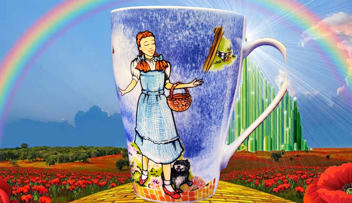 Wizard of Oz Porcelain Mug styled with rainbow and Emerald City background