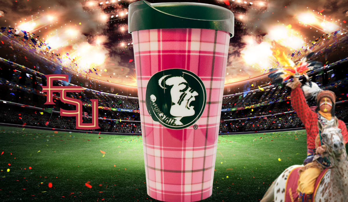 Florida State Seminoles Pink Plaid Tumbler displayed in an FSU football stadium game day scene