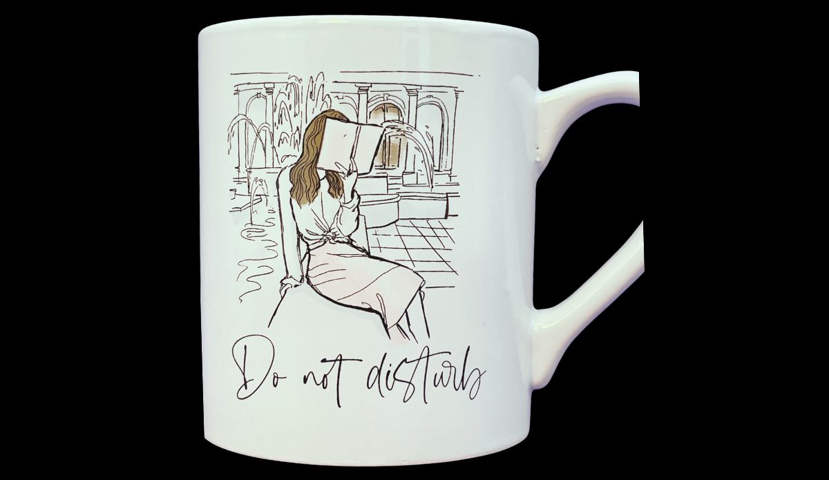 do not disturb reading mug front view woman reading illustration