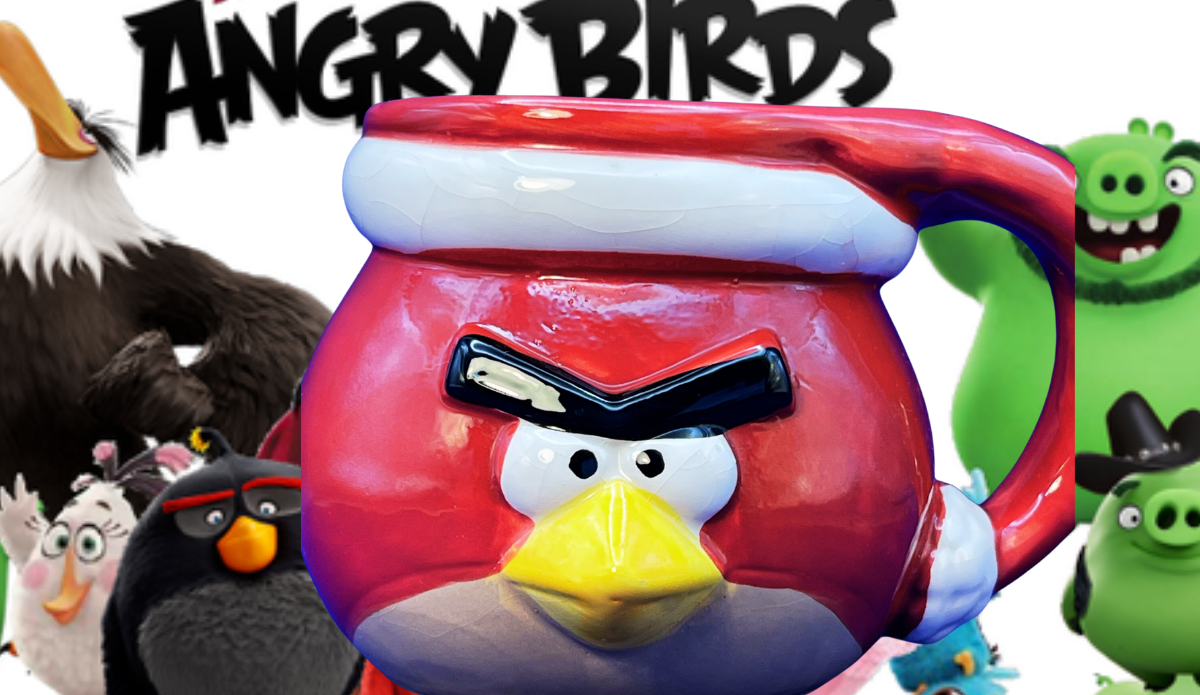 3D Angry Bird Santa Mug displayed against Angry Birds character artwork with colorful birds and green pigs