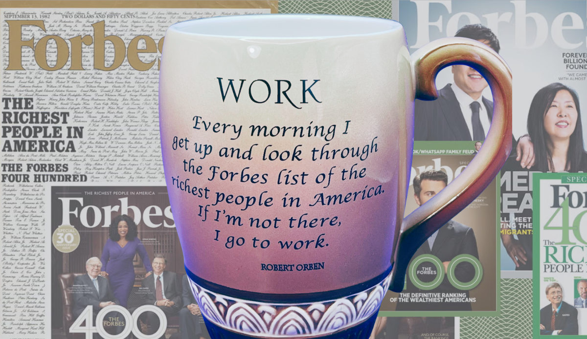 Forbes work mug displayed against Forbes magazine covers featuring the richest people in America and Forbes 400 editions