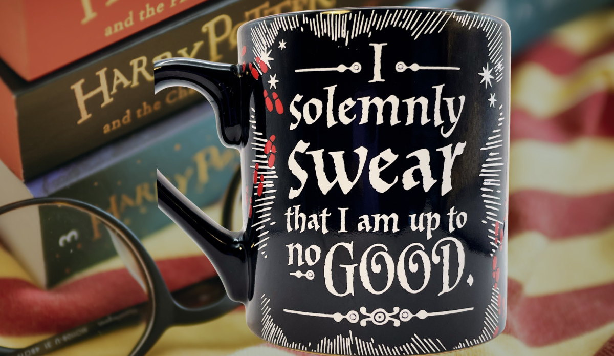 Harry Potter No Good Mug lifestyle scene with Wizarding World books and reading glasses