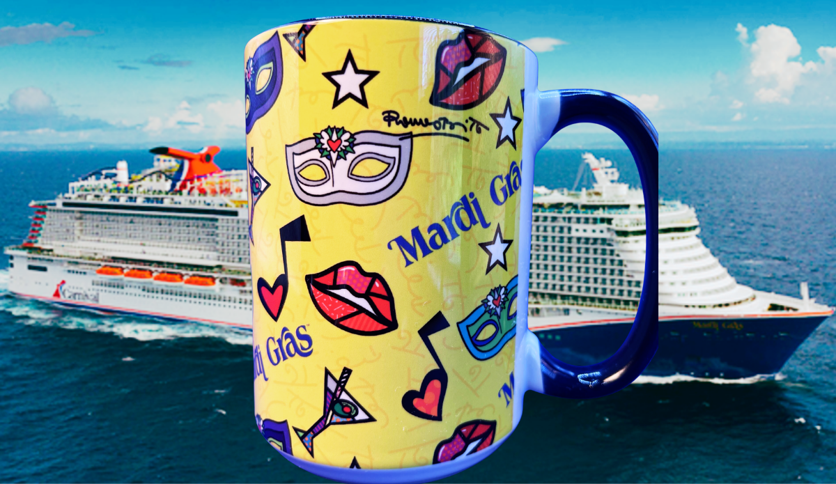 Romero Britto Carnival Mardi Gras Mask Mug displayed with Carnival Mardi Gras cruise ship backdrop