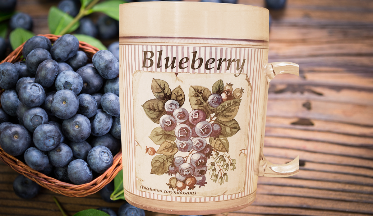 Striped Blueberry Acrylic Mug displayed beside fresh blueberries on a wooden table