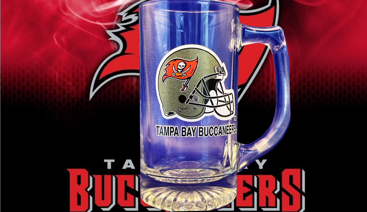 Tampa Bay Buccaneers Beer Mug displayed in a Buccaneers football game day setting