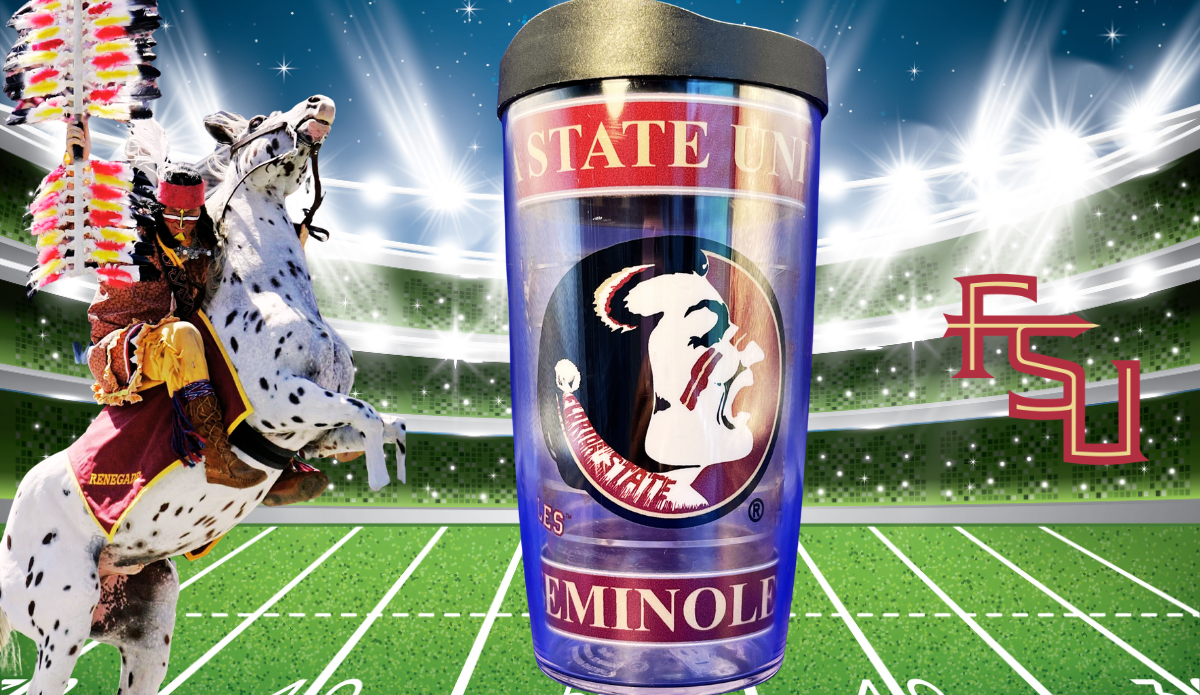 FSU Noles Tervis Tumbler displayed in a Florida State football stadium game day scene