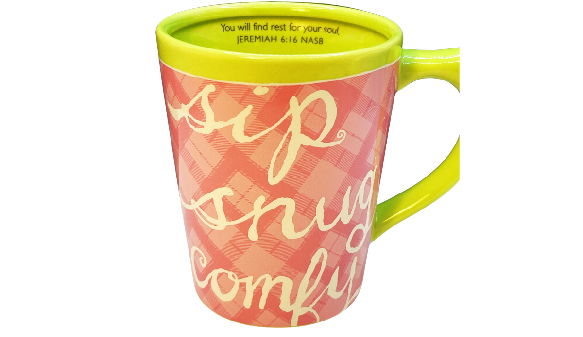 sip snug comfy mug pink plaid design with script lettering cozy aesthetic