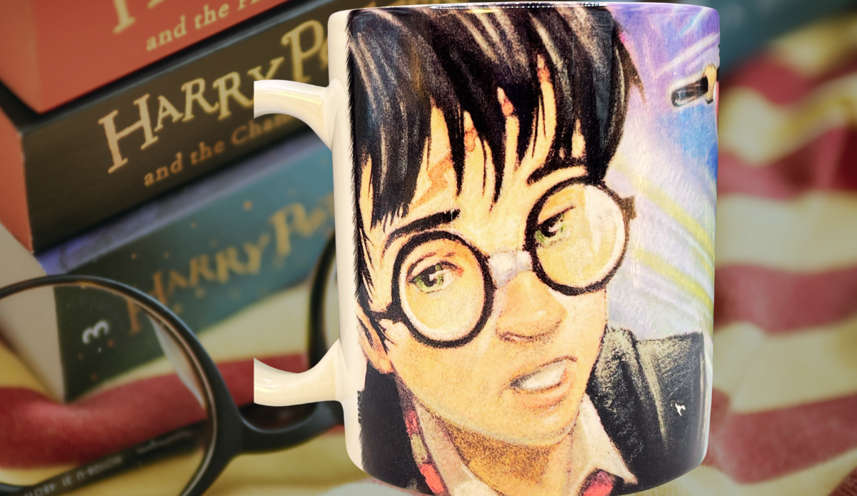 Harry Potter Sorcerer’s Stone Collector Mug displayed with Harry Potter books, reading glasses, and striped blanket