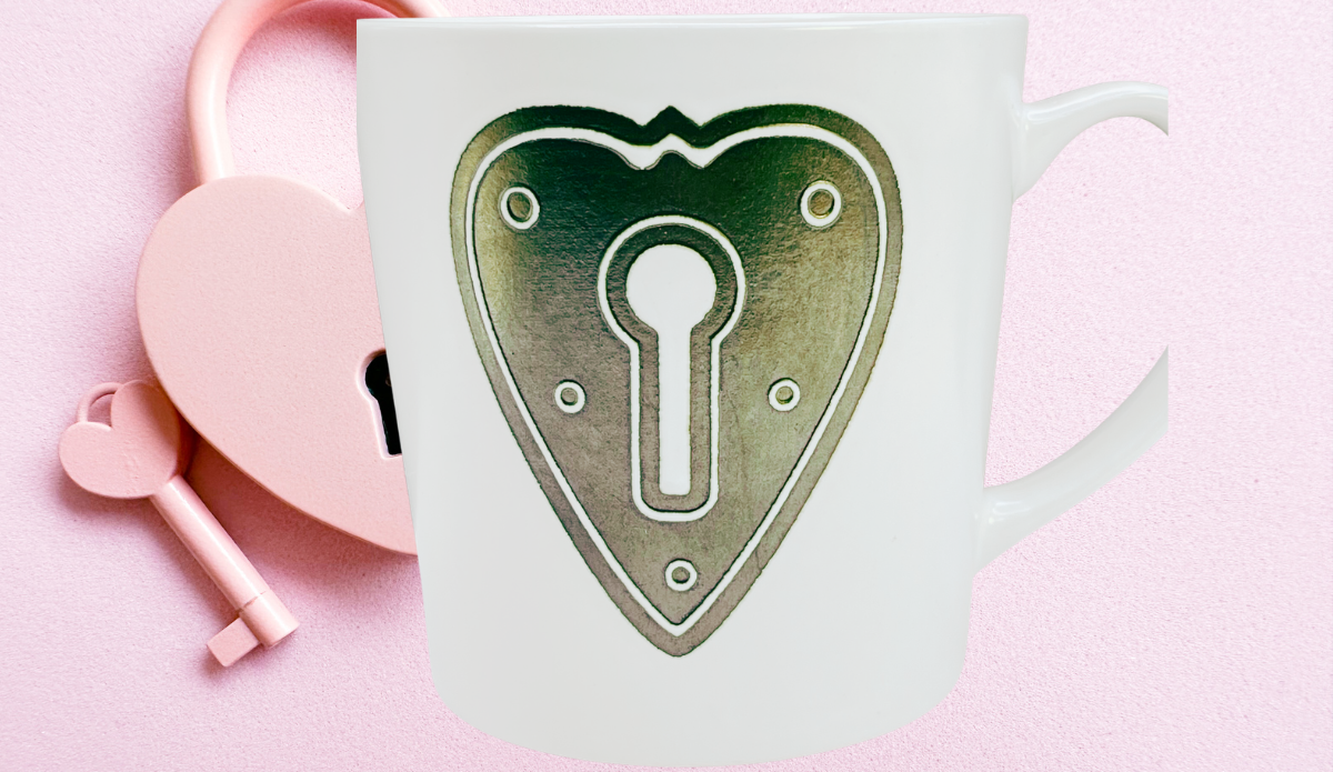 Heart Keyhole Couples Mug styled beside pink heart lock Valentine background