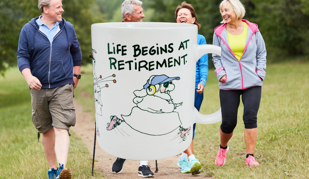 Life Begins At Retirement Funny Mug displayed with active retirees outdoors