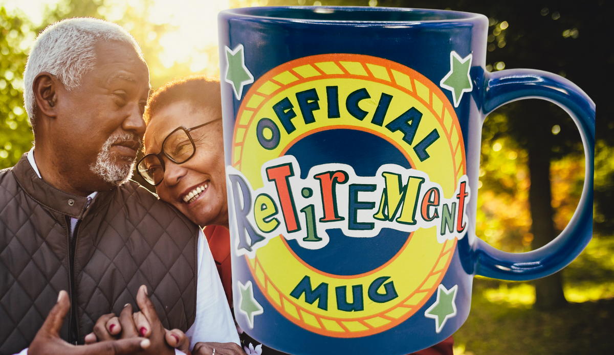 Official Retirement Mug displayed with smiling retired couple outdoors
