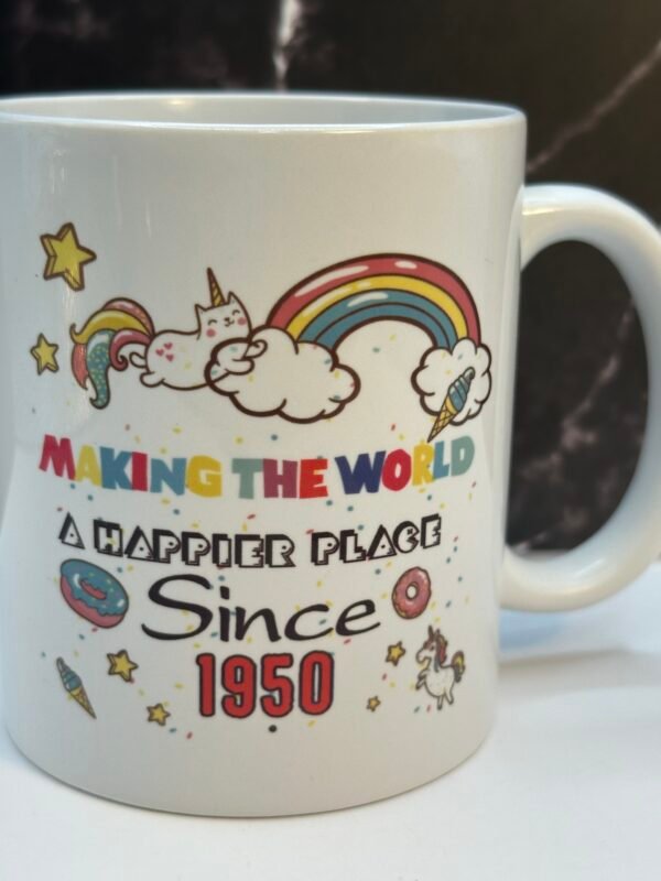 Introducing the Making World Happier Since 1950 Mug. It's the perfect #cupofmood with humor and style and the ultimate gift for the person born in 1950.