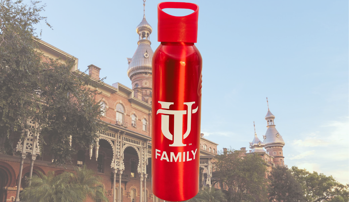University of Tampa UT Family Bottle displayed in front of historic University of Tampa campus architecture