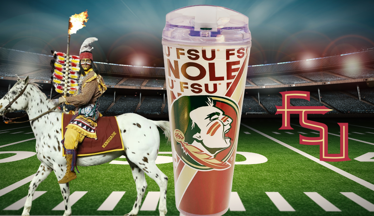 Florida State Garnet FSU Tumbler displayed in an FSU football stadium game day scene