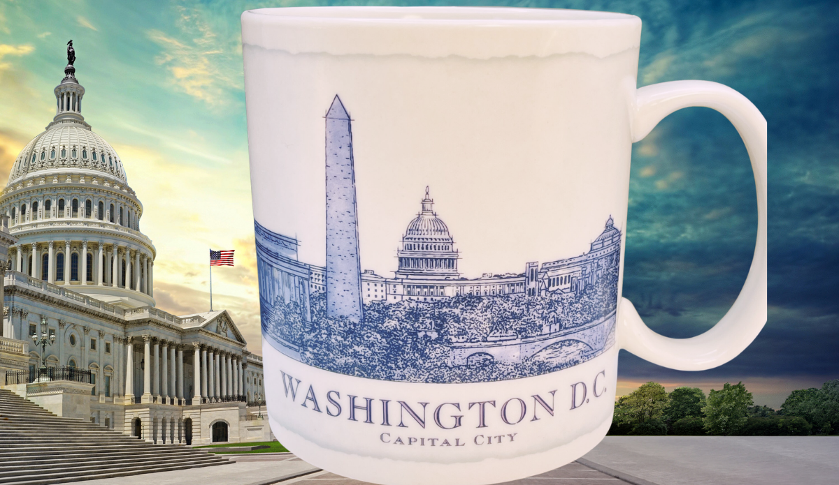 Starbucks Washington D.C. Architecture Mug displayed with U.S. Capitol and Washington skyline background
