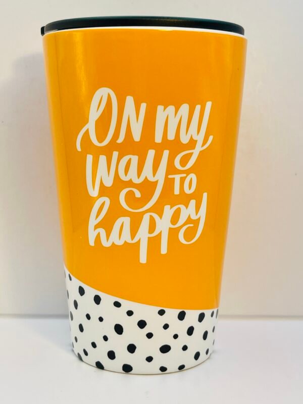 on my way to happy travel mug front view orange top