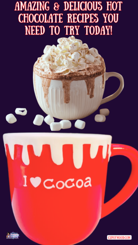 Hot chocolate recipes served in a red I Love Cocoa mug topped with whipped cream