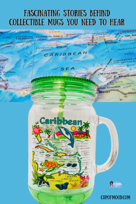 Caribbean-themed collectible mug with illustrated landscape design