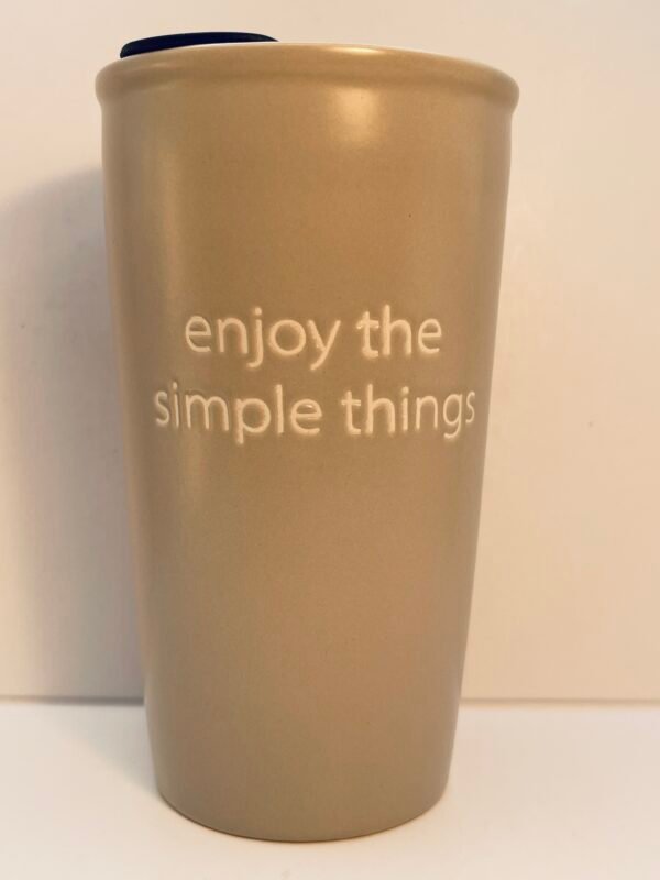 enjoy the simple things travel mug front view debossed text