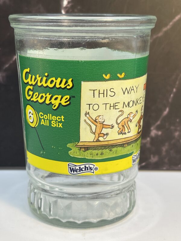 Curious George jelly jar glass This Way to the Monkeys front view