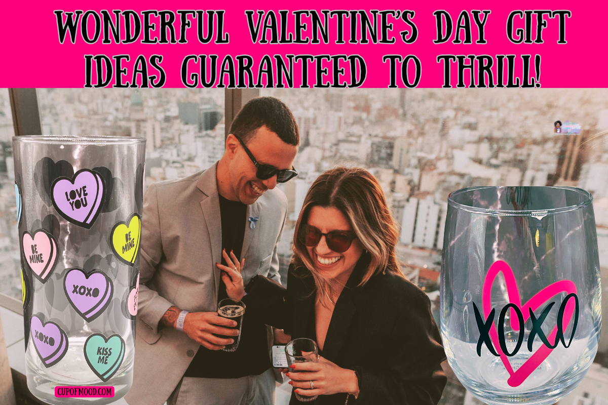 Candy hearts drinking glass and XOXO stemless wine glass for Valentine’s Day