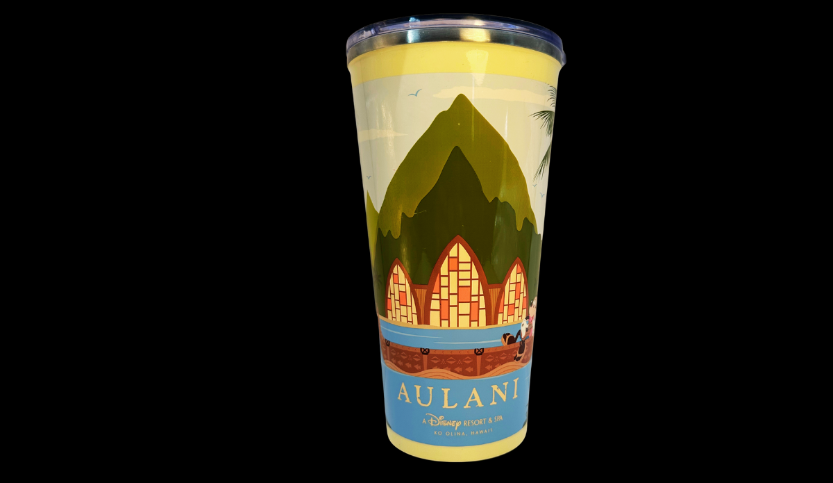 Aulani Disney Resort Tumbler front view with mountain and A-frame resort artwork