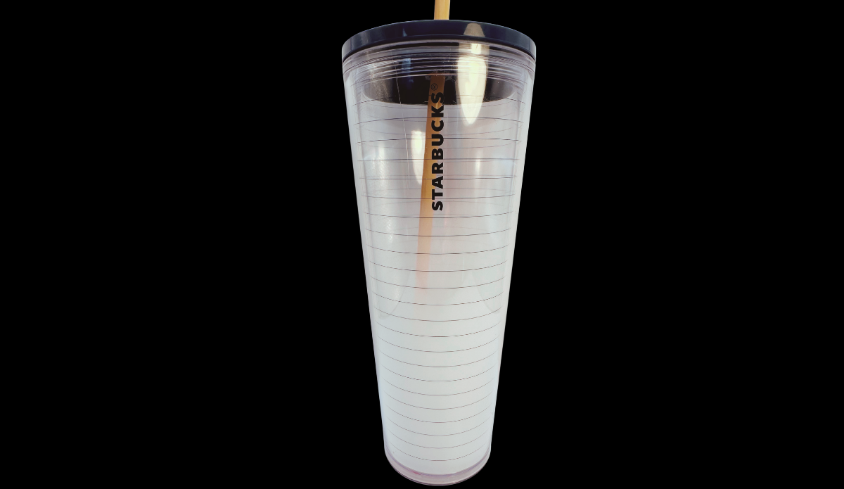 Starbucks 2020 Teacher Appreciation Tumbler front view with notebook paper design and pencil straw