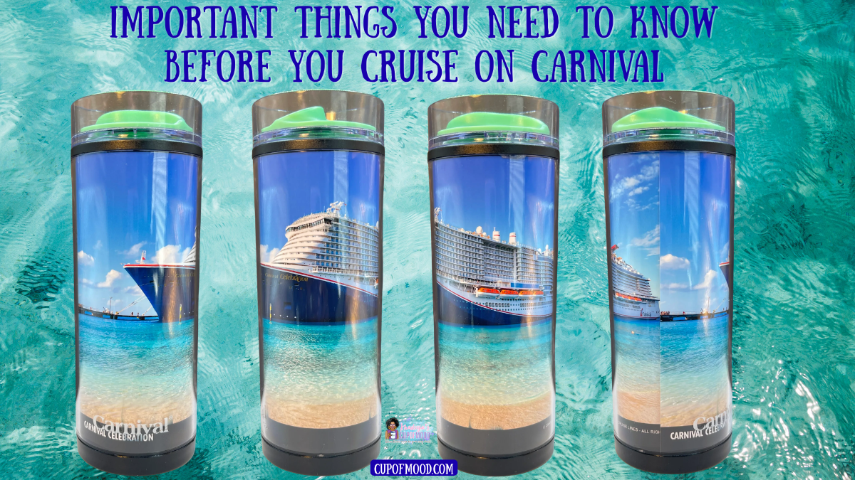 Carnival cruise packing rules featuring cruise-themed tumblers before sailing