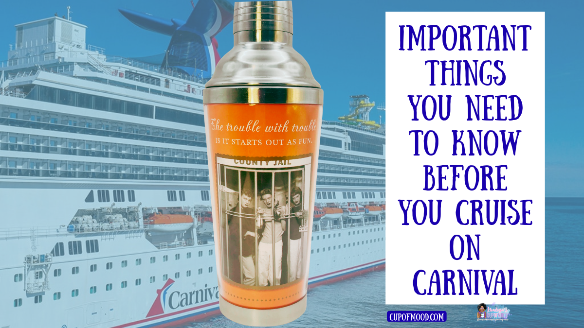 The Trouble Starts cocktail shaker highlighting Carnival cruise rules and ship safety