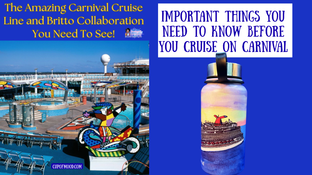 Carnival Cruise Line ship deck featuring Romero Britto artwork and colorful cruise drinkware