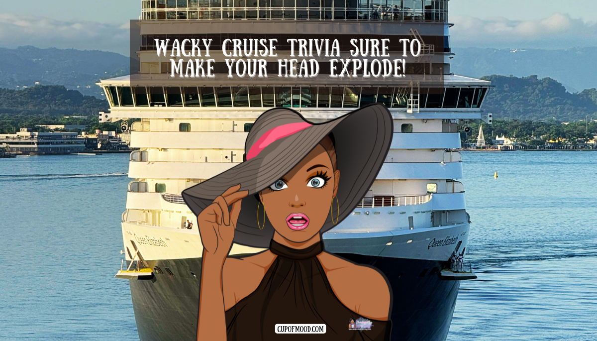 Wacky cruise trivia hero image featuring cruise ship and surprised woman illustration