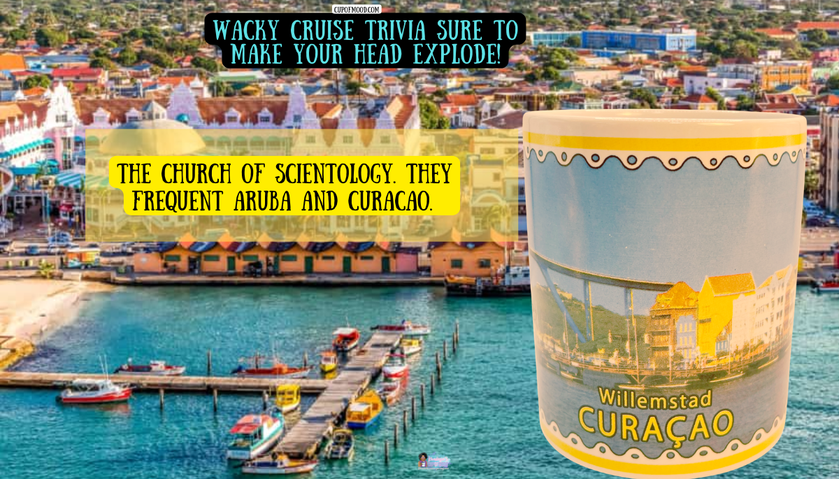 This image introduces the cruise trivia question about which religious organization owns a small luxury cruise ship. The photo features a cruise ship at night alongside a cruise-themed tumbler from CupofMood, reinforcing the educational and thought-provoking cruise trivia theme.