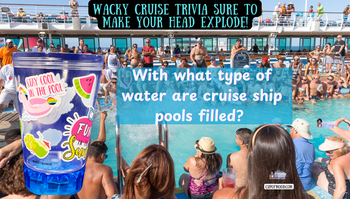 crowded cruise ship pool filled with processed sea water and cruise travel tumbler