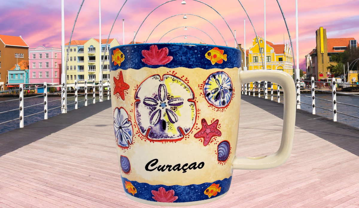 Back view of Curacao mug highlighting wraparound beach design with tropical colors and shell patterns