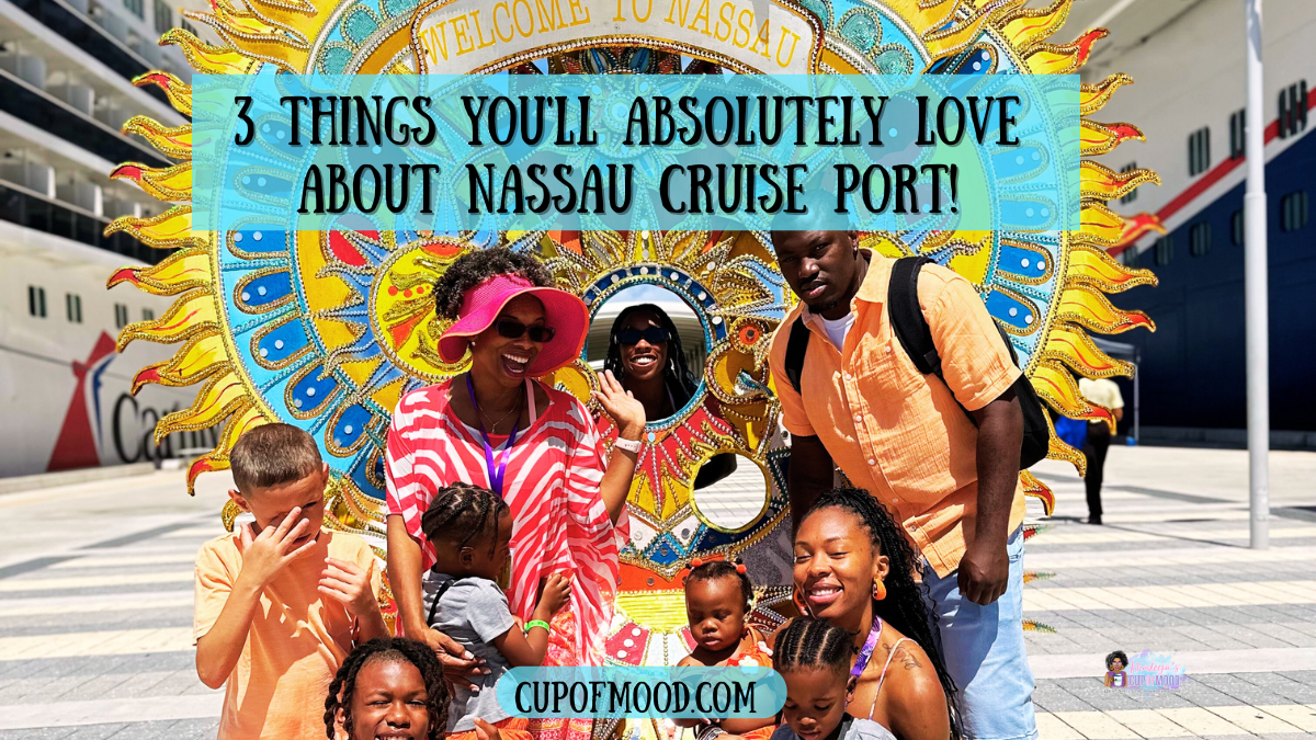 family photo at Welcome to Nassau sculpture near Nassau Cruise Port