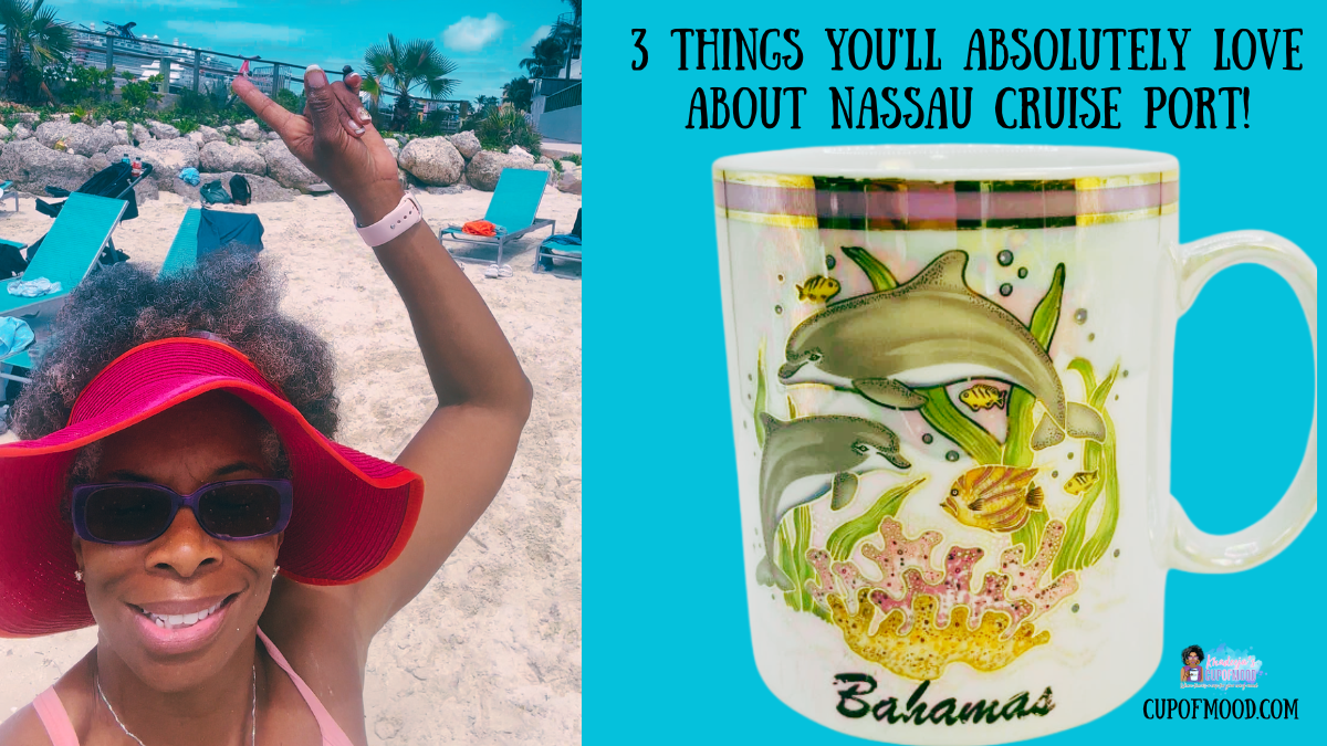 Khadeeja at Junkanoo Beach near Nassau Cruise Port with Bahamas dolphin souvenir mug