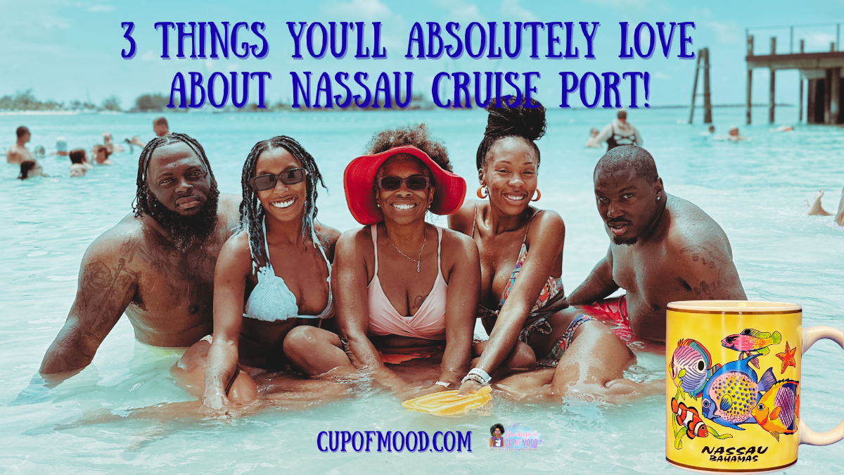 family in the water at Junkanoo Beach in Nassau Bahamas with Nassau fish souvenir mug