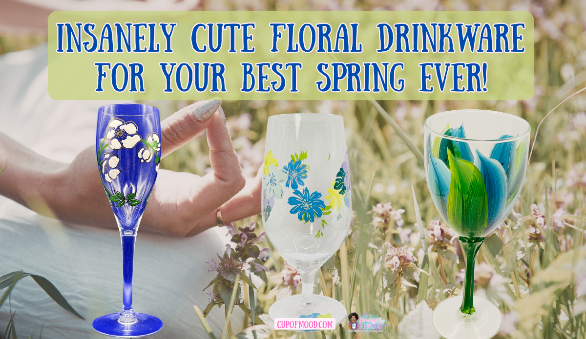 floral drinkware wine glasses with hand painted flower designs in outdoor setting