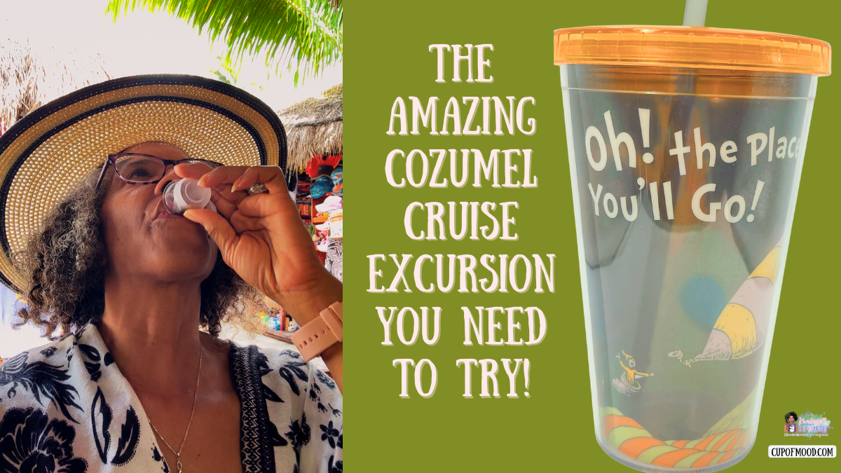 Savoring tequila during Cozumel cruise excursion with cruise themed travel tumbler