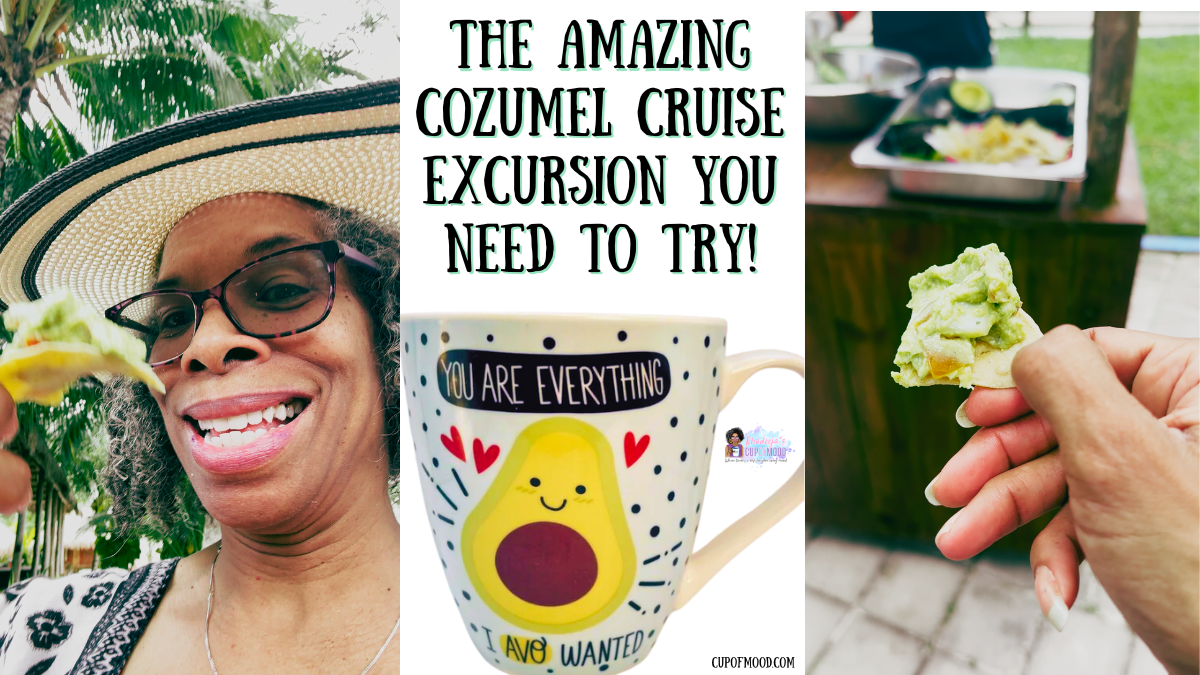 Avocado mug and fresh guacamole during Cozumel cruise excursion at Playa Uvas