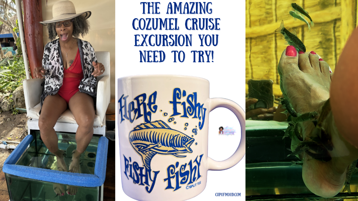 Fish spa pedicure during Cozumel cruise excursion with Garra Rufa fish and fish themed mug