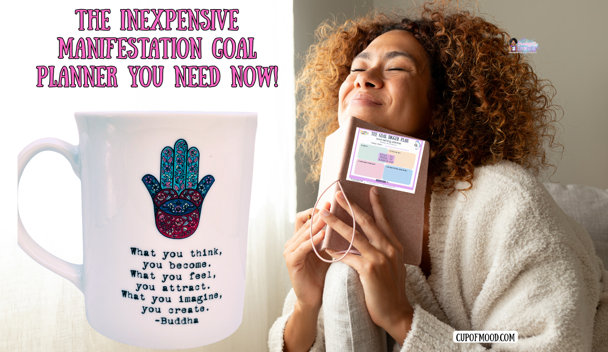 woman smiling with planner and inspirational mug representing manifestation mindset
