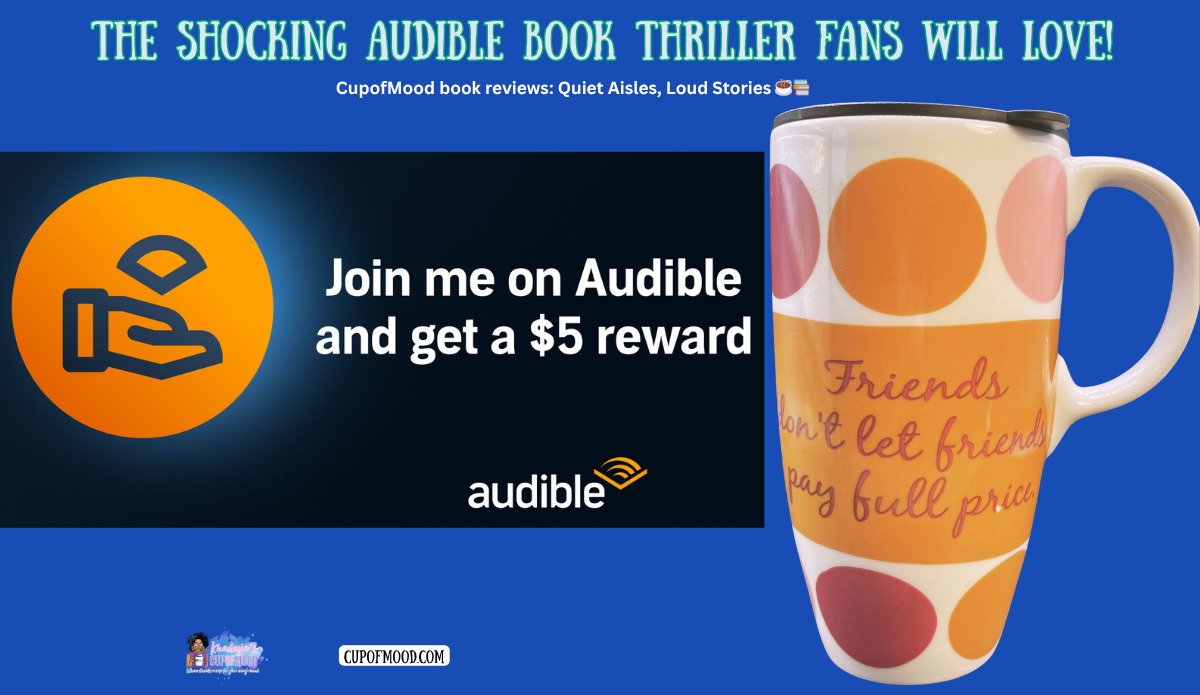 audible sign up promotion with colorful mug and audiobook listening theme